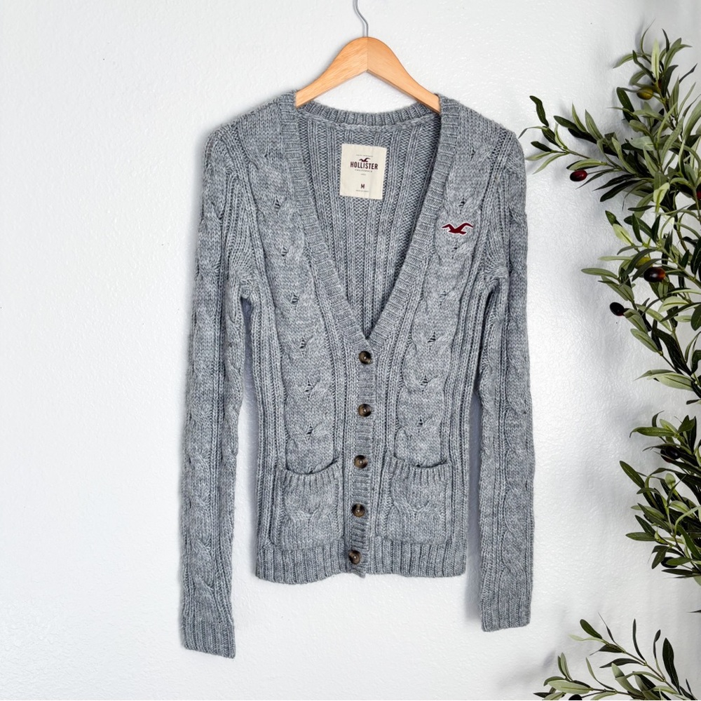 Vintage Y2K Hollister Cardigan Sweater Grey Cable Knit Medium